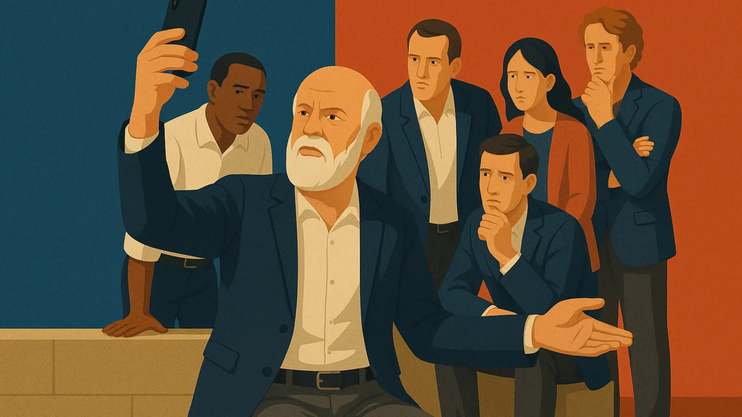Flat-style digital illustration of a bearded older man in business attire taking a selfie, surrounded by six diverse professionals in a scene inspired by The Death of Socrates.