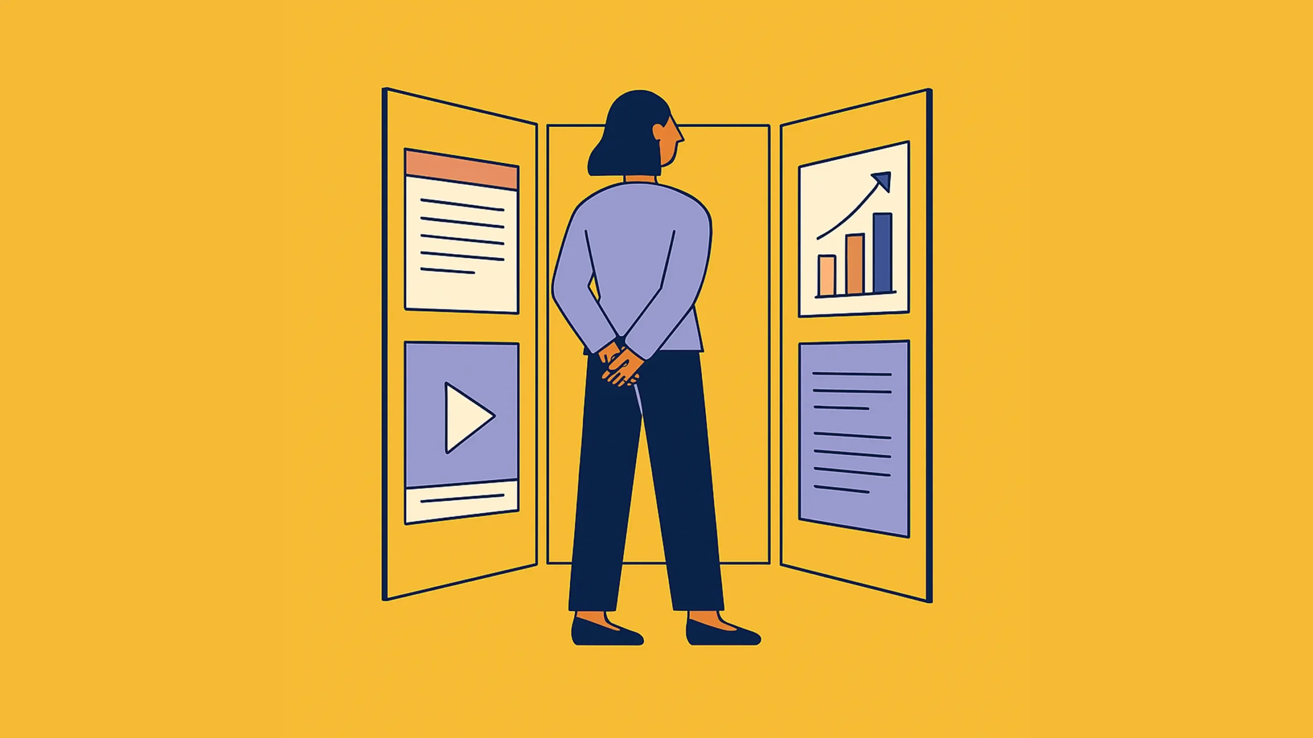 Sophisticated editorial illustration of a businesswoman standing in front of a three-panel mirror, each reflecting a different content format: document, video, and graph, on a yellow background.