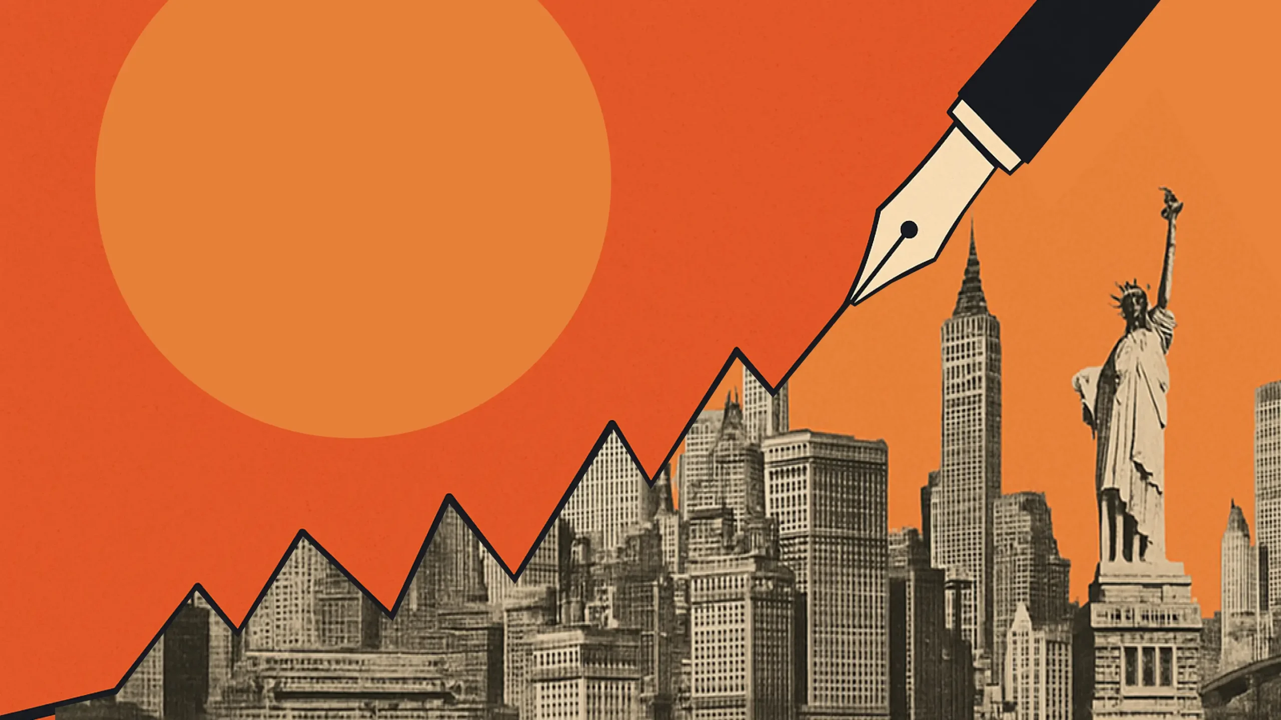 Stylized illustration of a fountain pen drawing a stock market line that divides a warm orange sky from a green New York City skyline, with the Empire State Building in view and Statue of Librty.