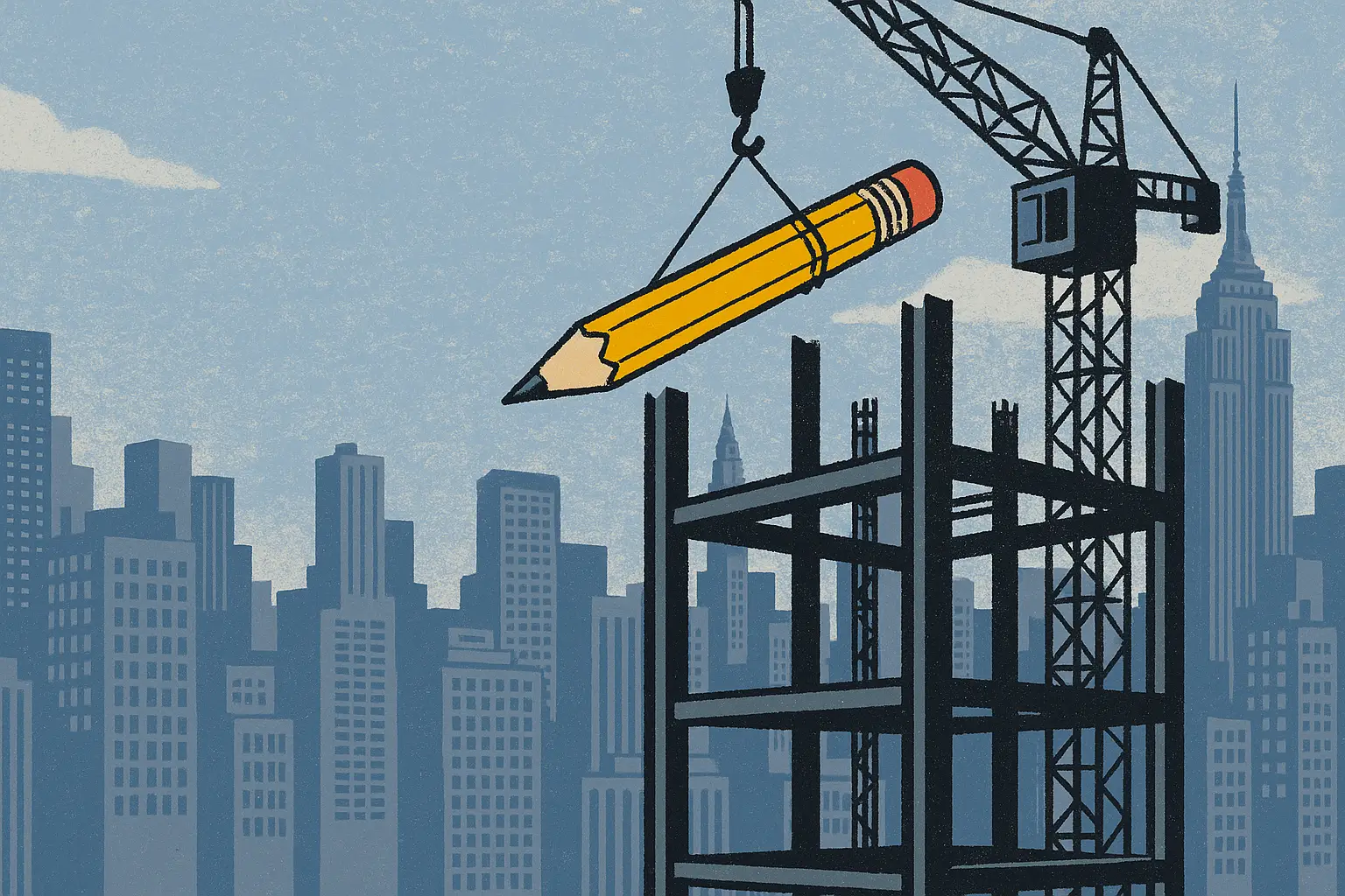 Illustration of a pencil being lifted by a crane into a steel structure on a city construction site, symbolizing the building of editorial content.
